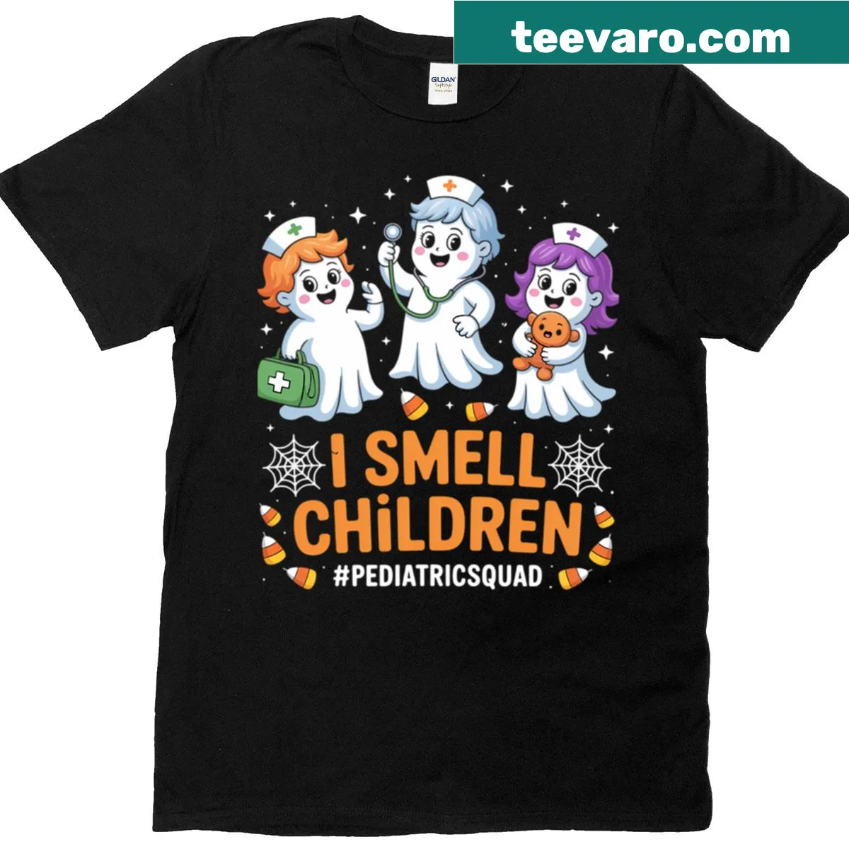 Cute Halloween witch illustration on nurse-themed T-shirt — on a men's t-shirt