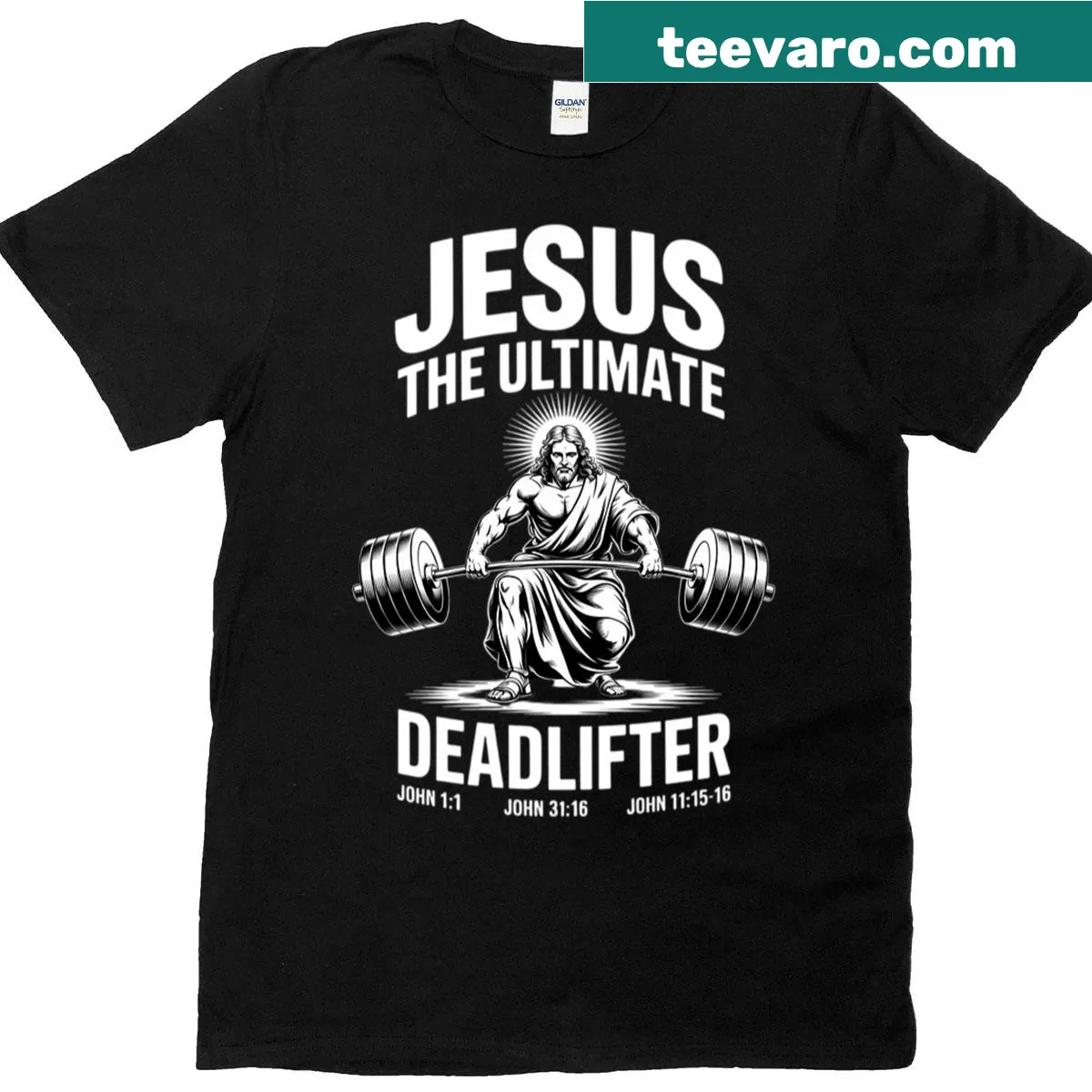 Jesus lifting weights graphic on a humorous gym t-shirt — on a men's t-shirt