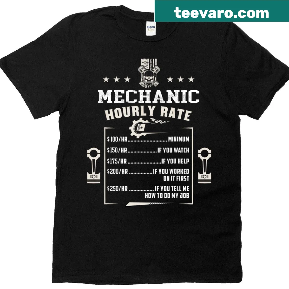 Humorous mechanic t-shirt featuring hourly rate jokes — on a men's t-shirt