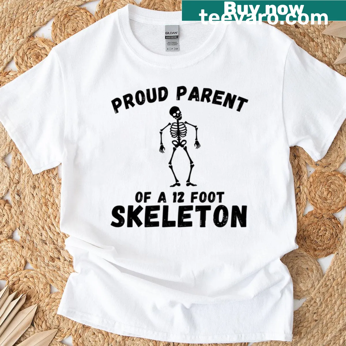 Illustration of a 12 foot skeleton with 'Proud Parent' text — on a men's t-shirt