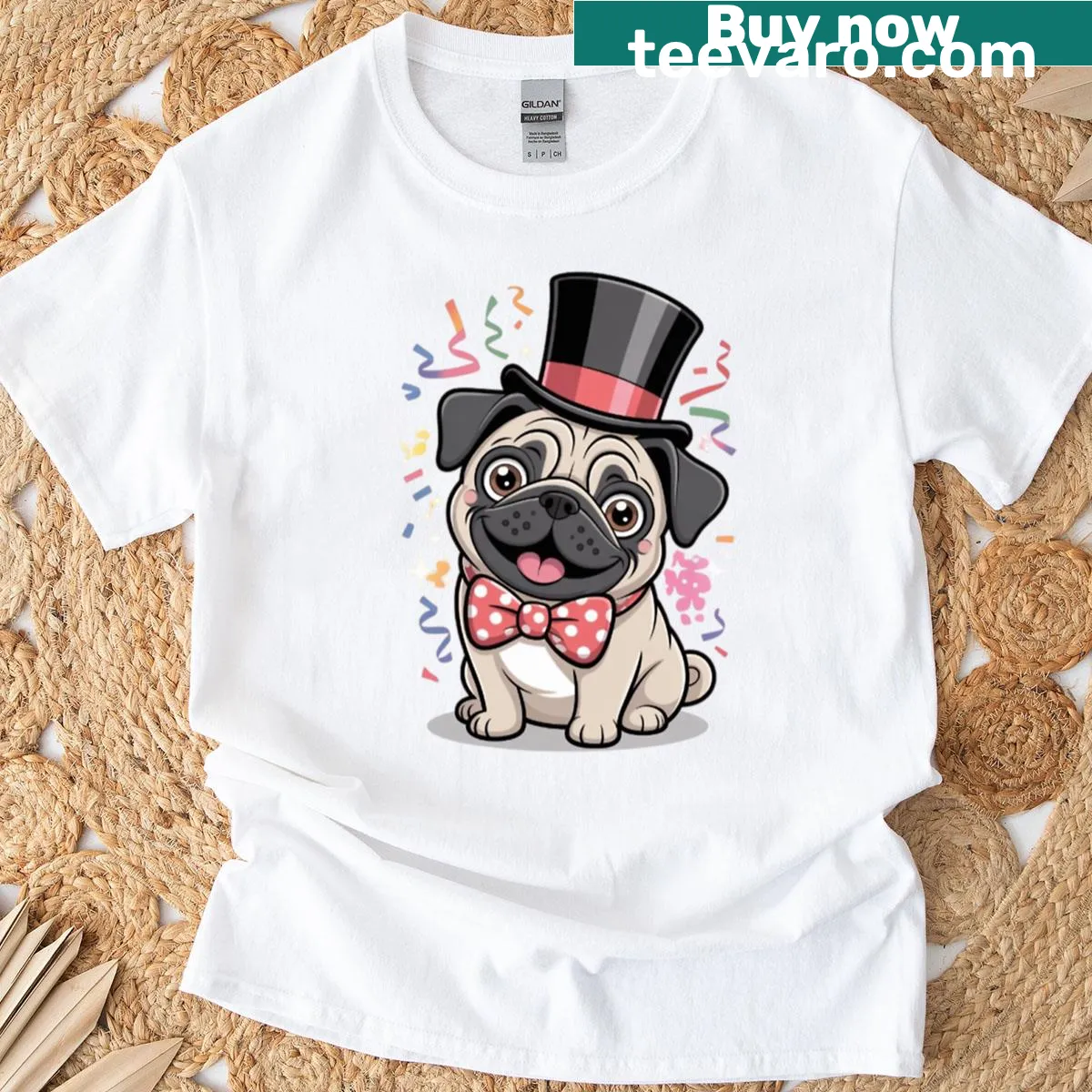 Oversized T-shirt with a funny pug dog wearing a hat — on a men's t-shirt