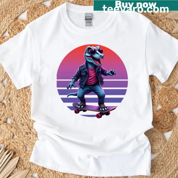 Retro velociraptor skateboard t-shirt with vintage cartoon design