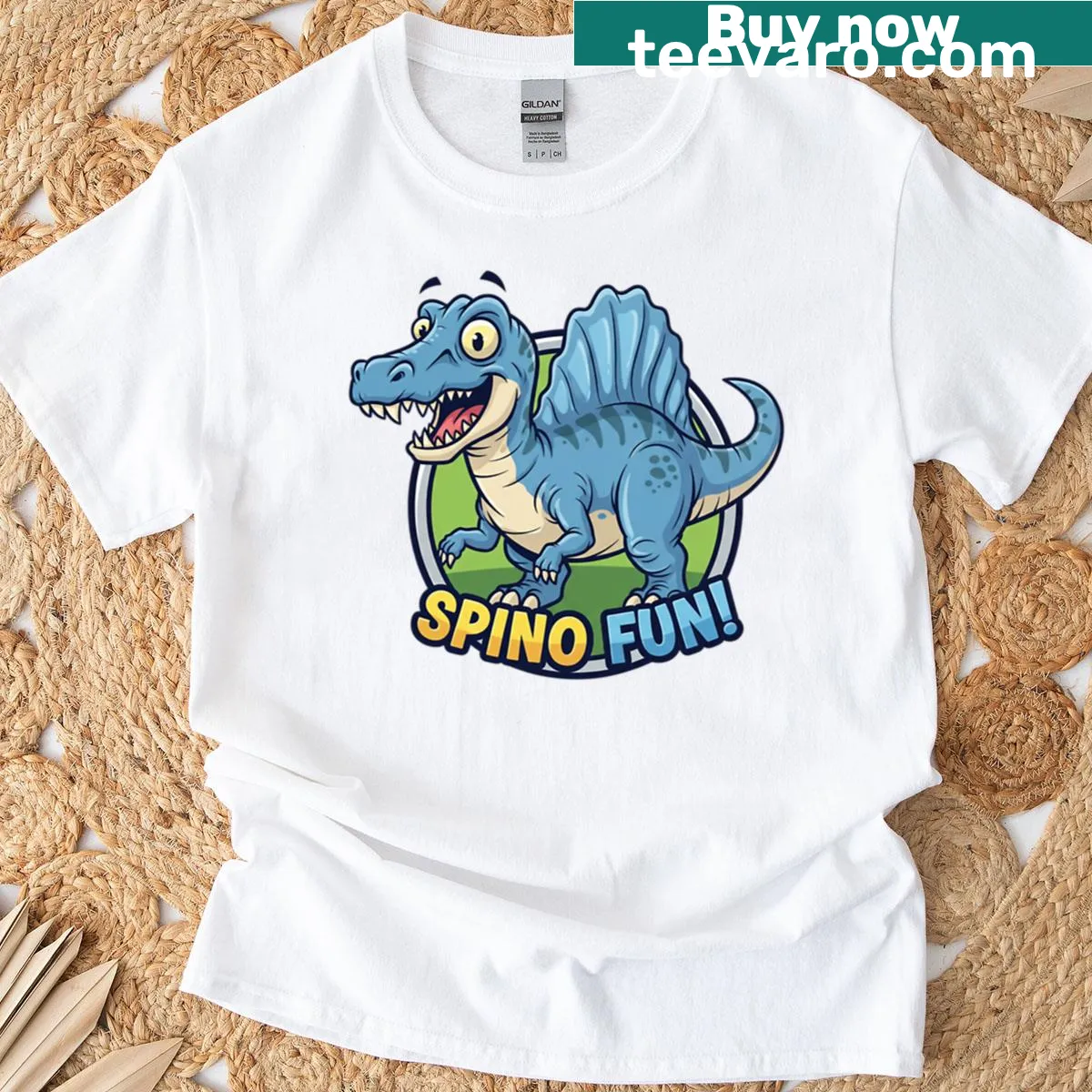 Oversized t-shirt with a funny Spinosaurus illustration — on a men's t-shirt