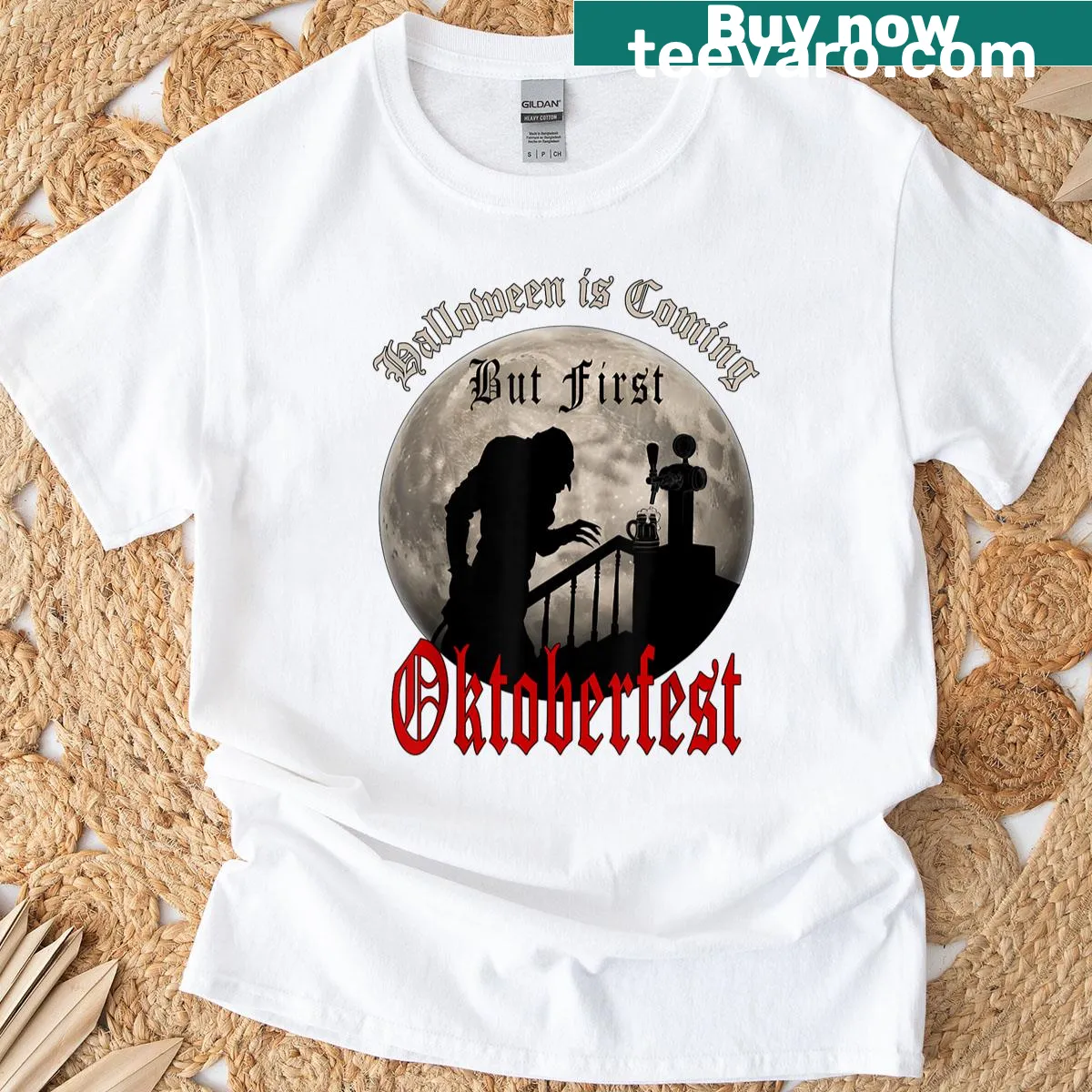 Humorous Count Dracula enjoying a beer graphic t-shirt — on a men's t-shirt
