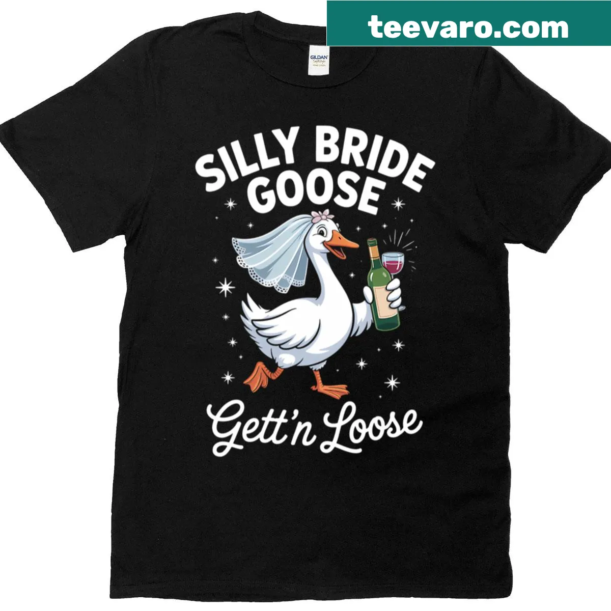 Cute goose in bridal veil graphic — on a men's t-shirt