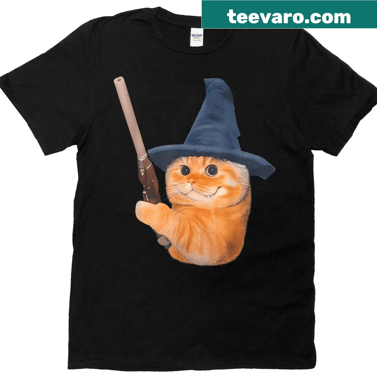 Cartoon wizard cat graphic on a funny Halloween t-shirt — on a men's t-shirt