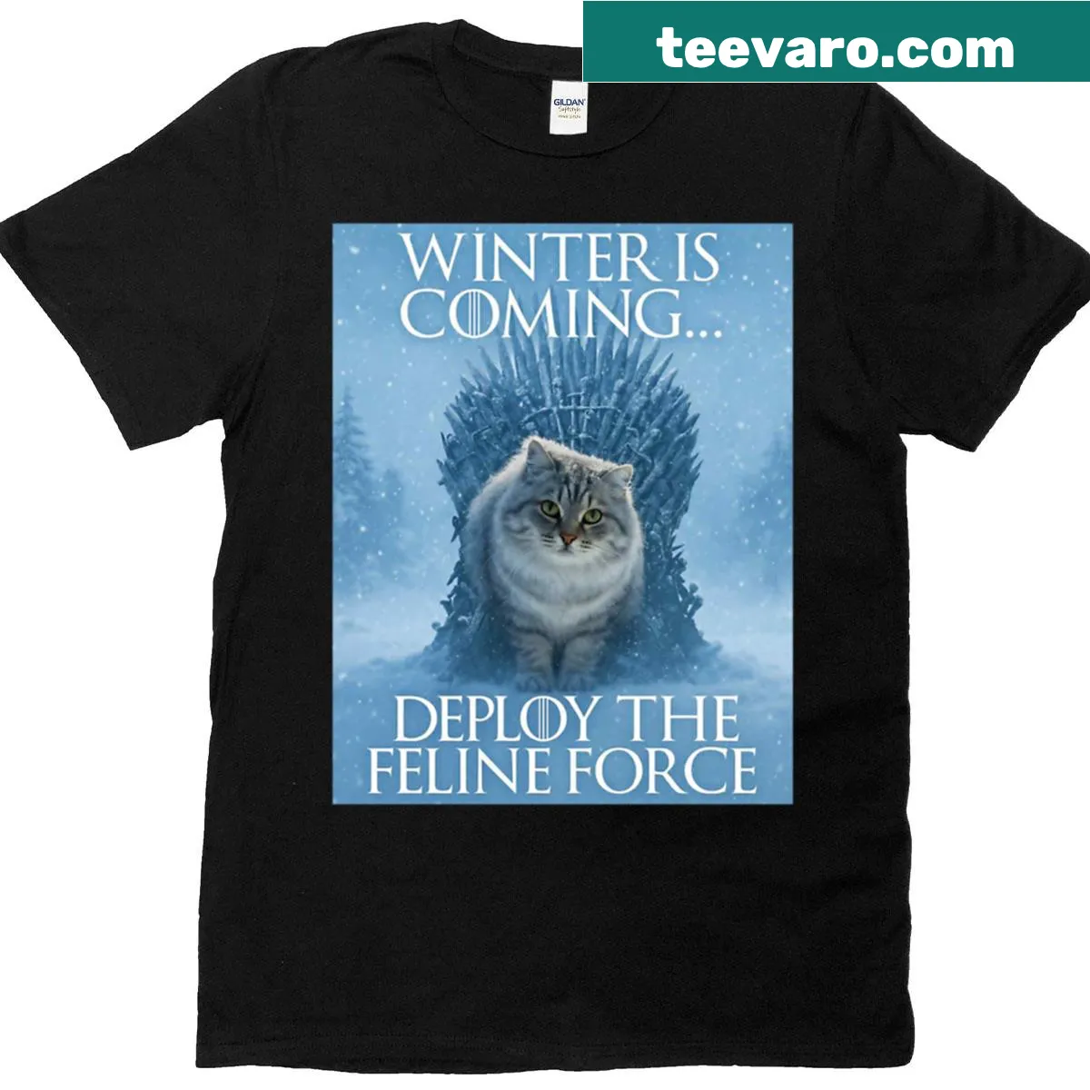 Cat in winter attire inspired by Game of Thrones — on a men's t-shirt