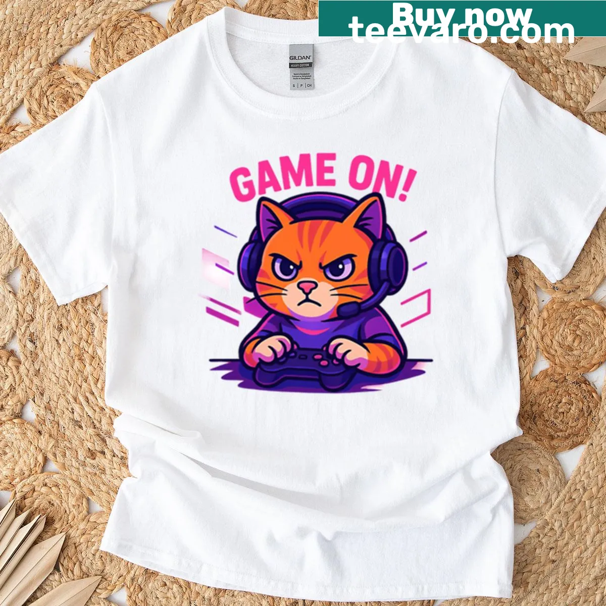 Cat in gamer mode graphic on a T-shirt — on a men's t-shirt