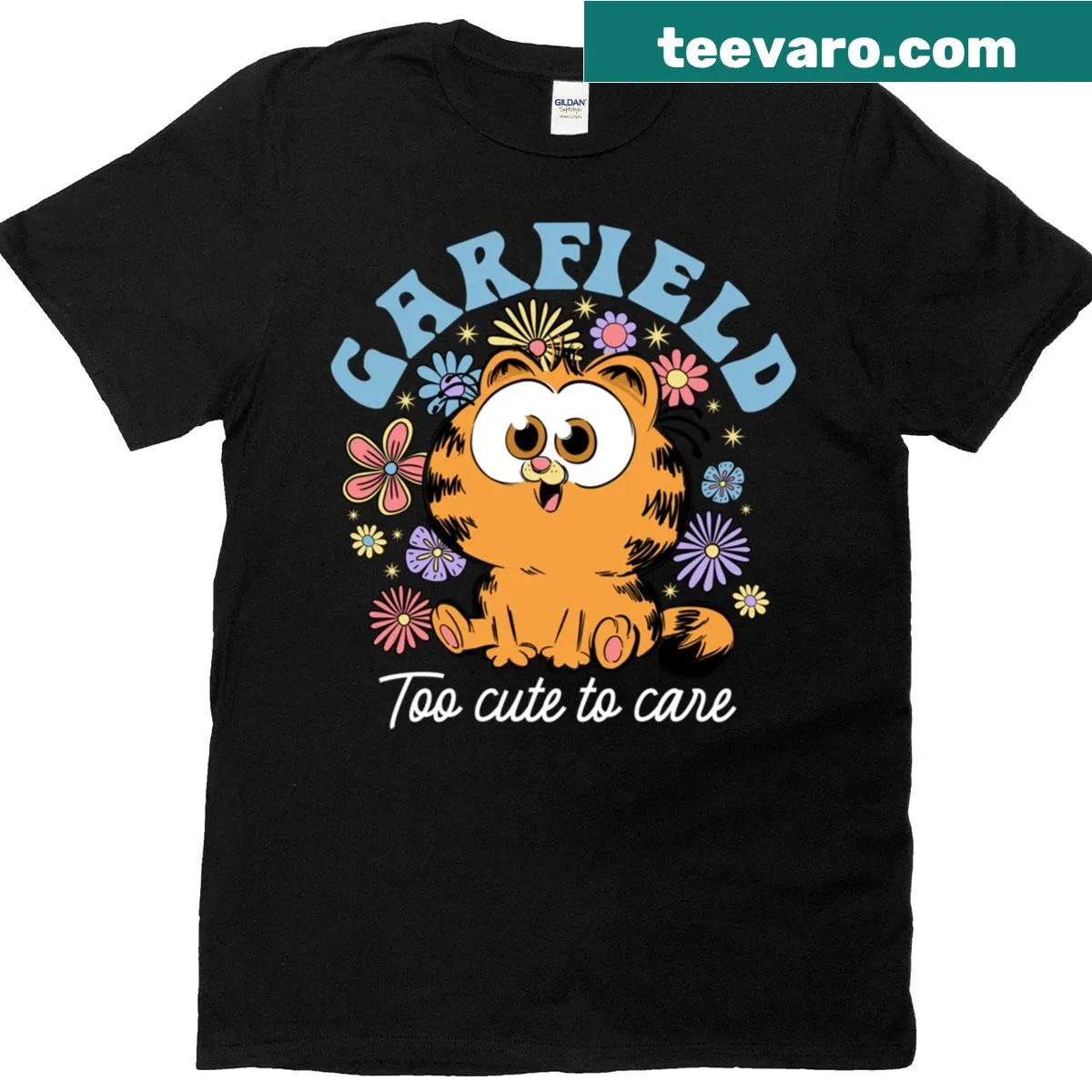 Chibi Garfield with floral accents in a cute design — on a men's t-shirt