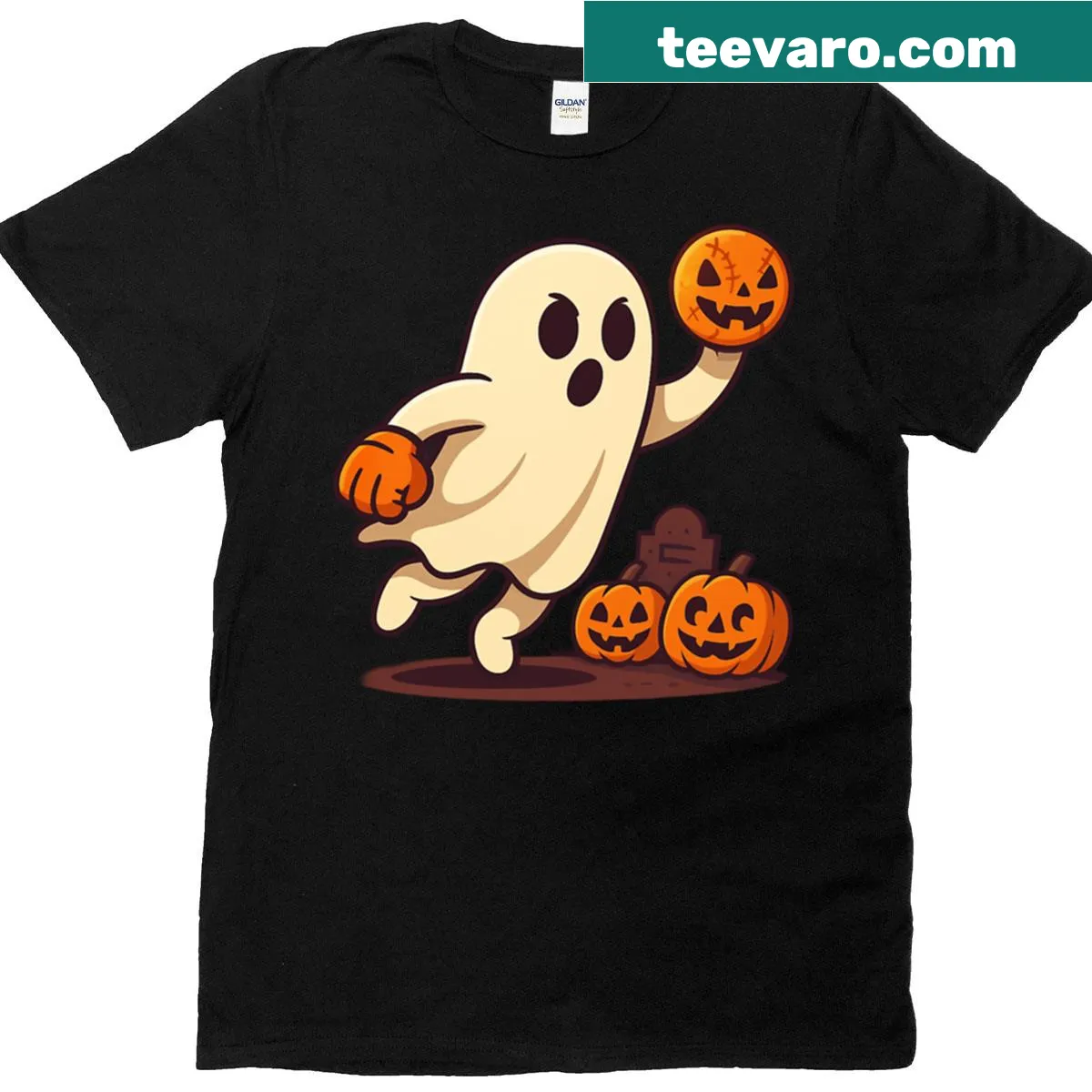Cartoon ghost baseball pitcher T-shirt with cap and glove design — on a men's t-shirt