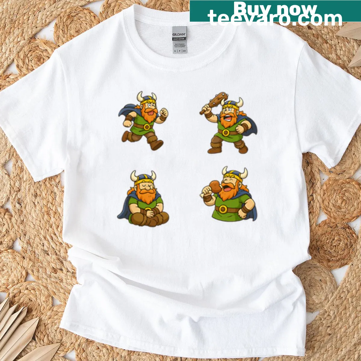 Graphic t-shirt featuring a pack of giant Vikings — on a men's t-shirt