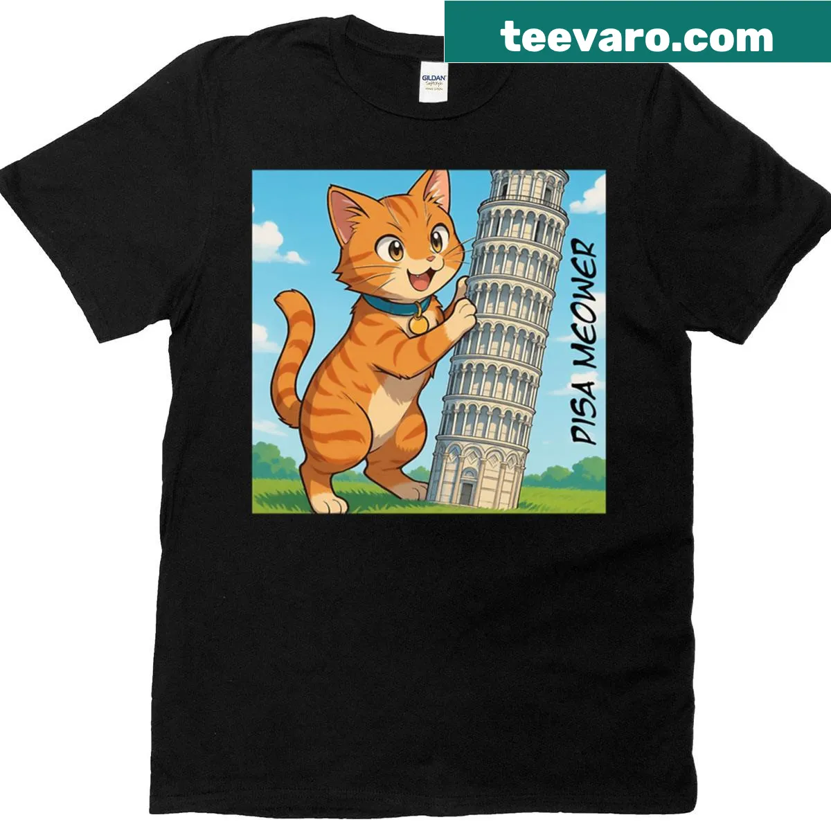 Cartoon ginger cat as Godzilla in Pisa — on a men's t-shirt