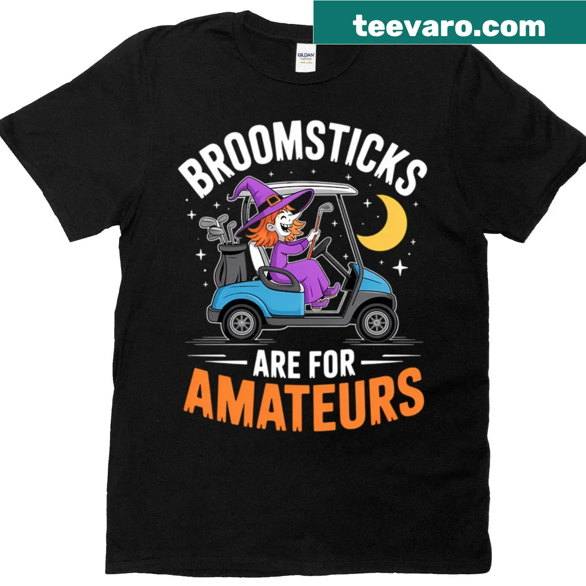 Cartoon witch golfing in a golf cart for Halloween — on a men's t-shirt