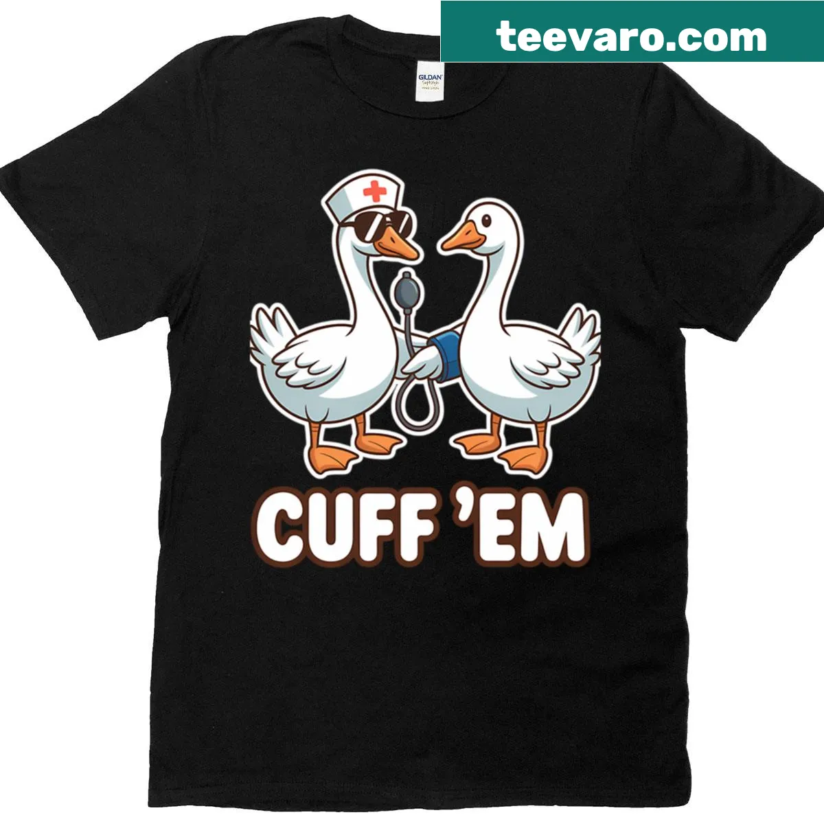 Humorous design featuring a cute goose for nurses — on a men's t-shirt