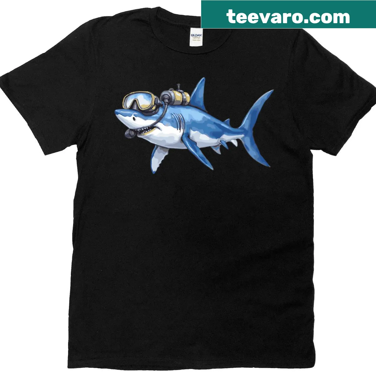Illustration of a Great White Shark in scuba gear — on a men's t-shirt