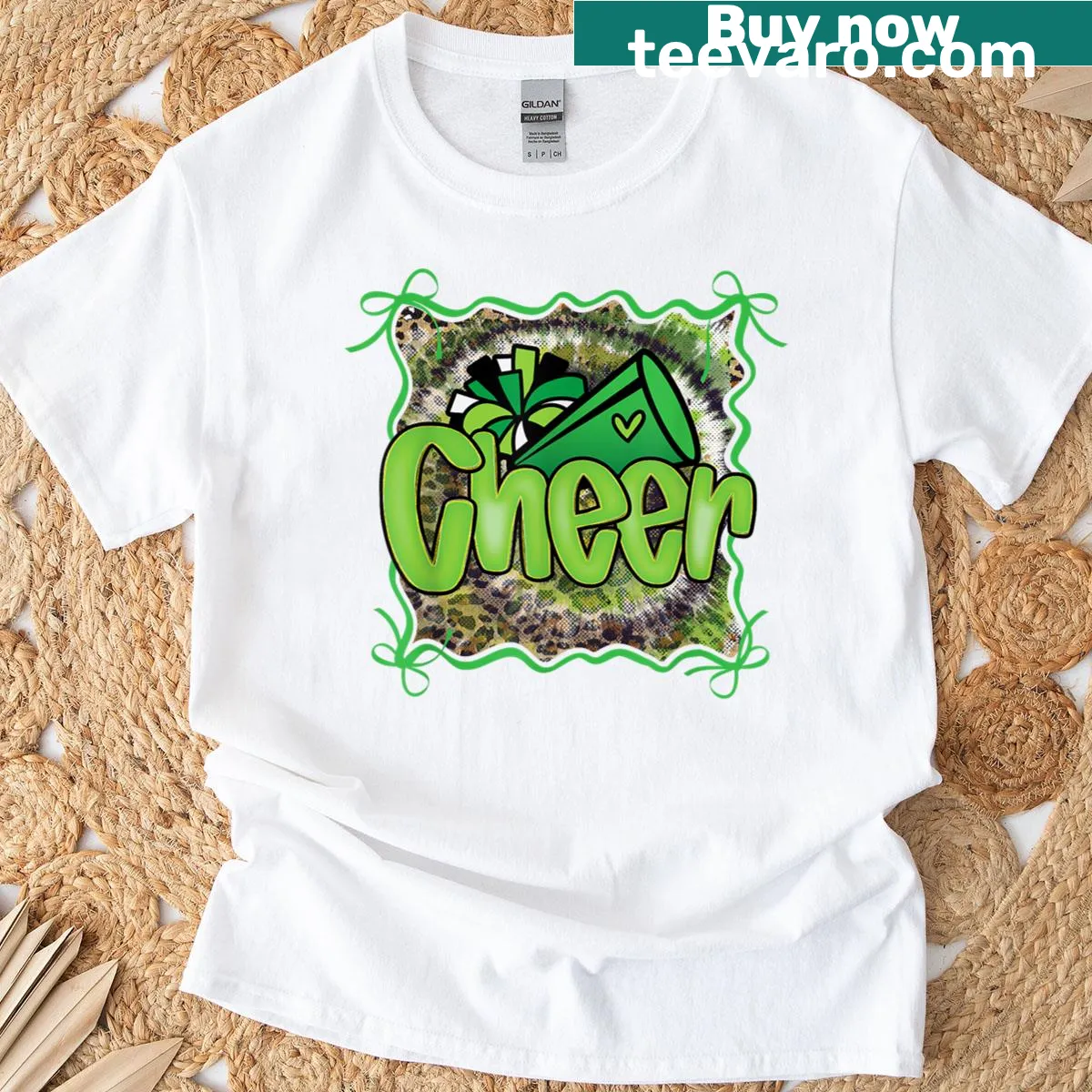 Cheerleader girl graphic with pom-poms and megaphone on T-shirt — on a men's t-shirt