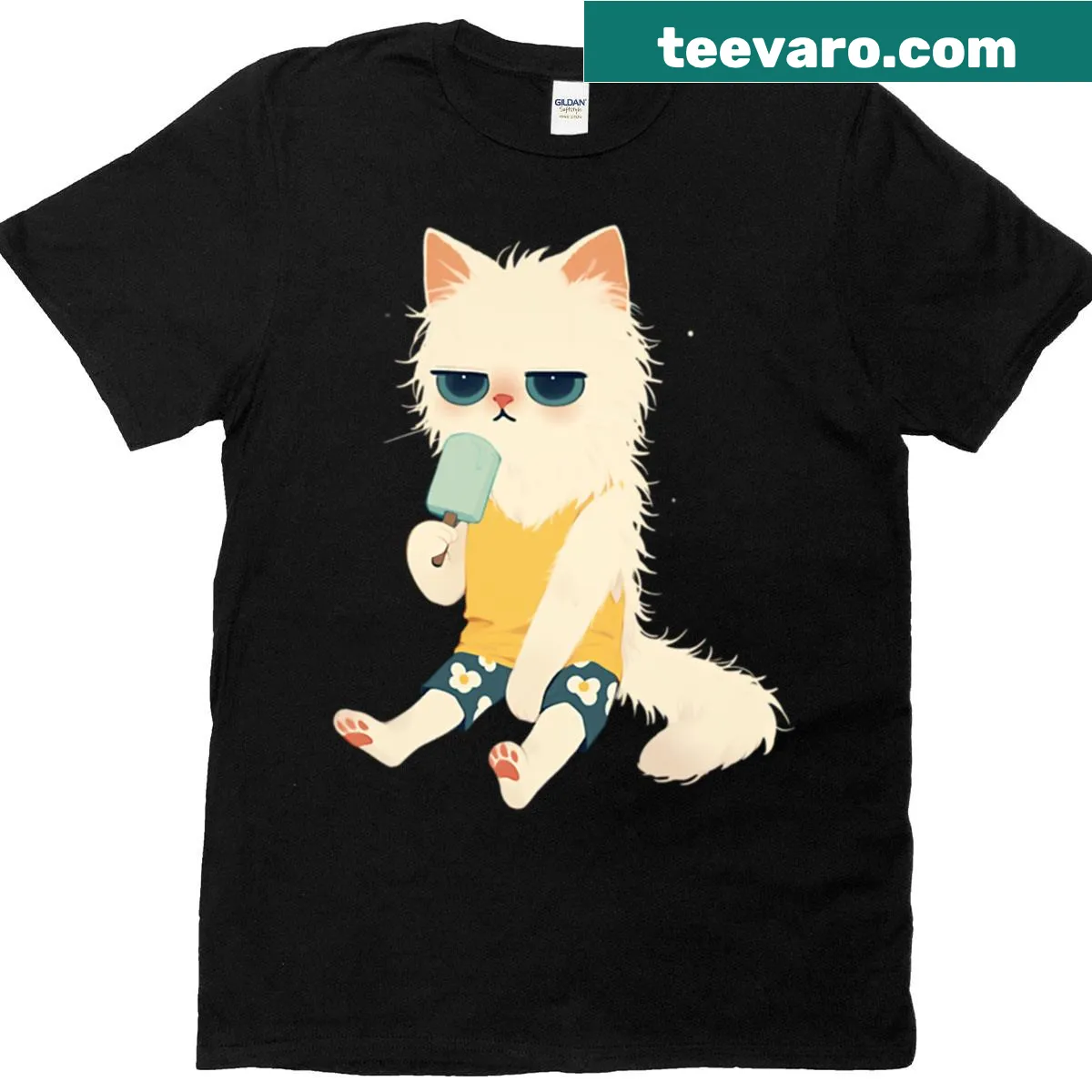Kawaii style grumpy white cat with popsicle in tropical shorts — on a men's t-shirt