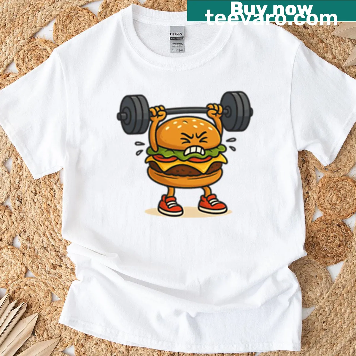 Graphic of a burger lifting weights on a T-shirt — on a men's t-shirt