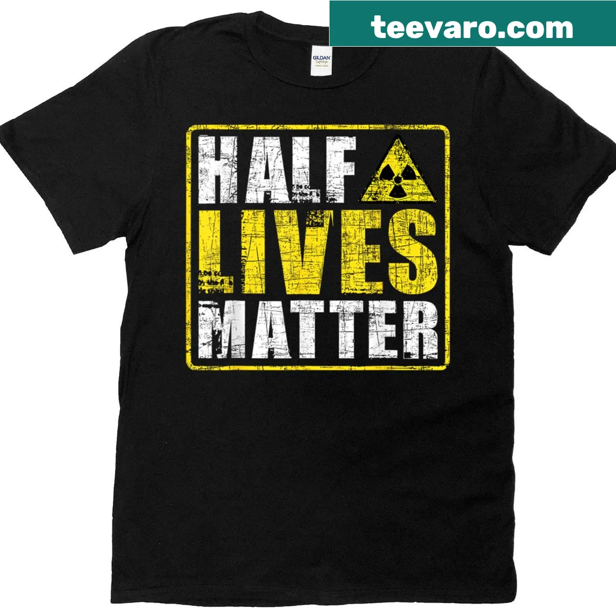 Typography t-shirt featuring 'Half Lives Matter' radioactive saying — on a men's t-shirt