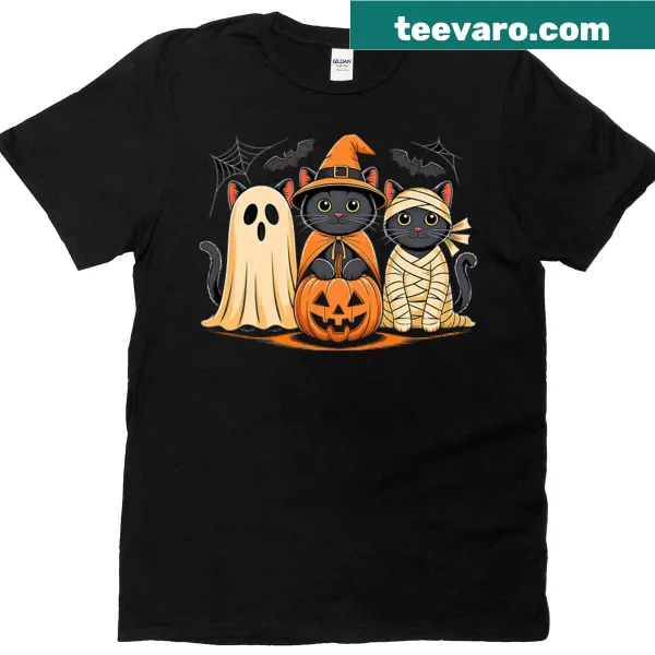 Cute Halloween T-shirt featuring ghost, pumpkin, and cat design