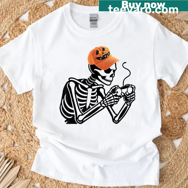 T-shirt featuring a skeleton gamer character for Halloween