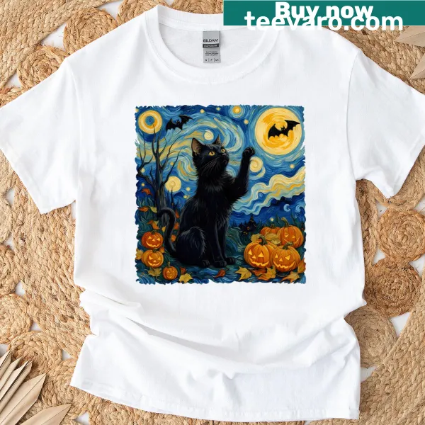 Artistic T-shirt featuring Van Gogh's Starry Night with pumpkins and a black cat