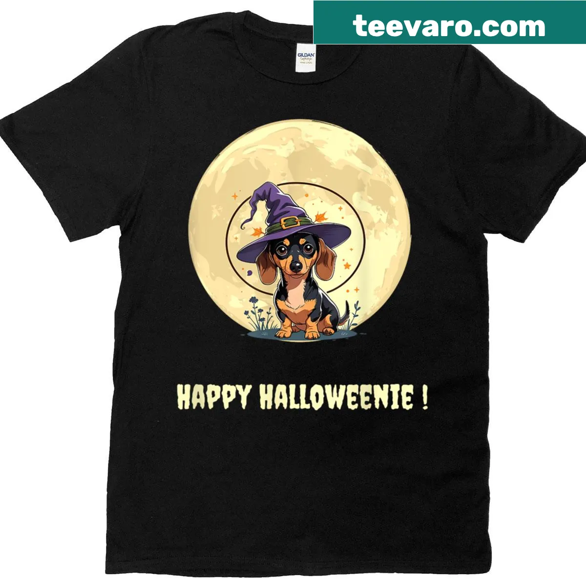 Cute Halloween-themed t-shirt with a cheerful dachshund graphic — on a men's t-shirt