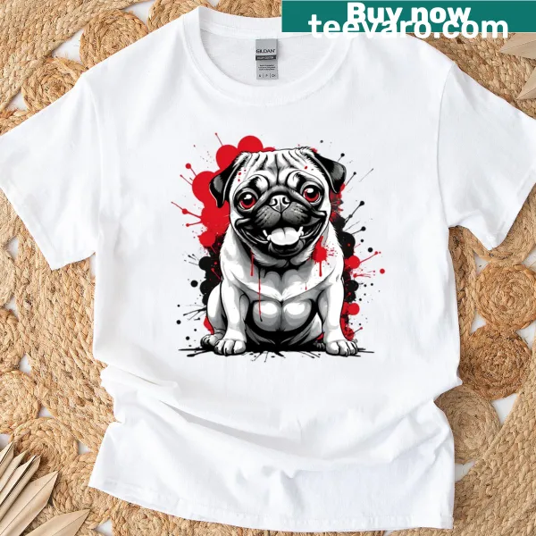 Urban-style T-shirt featuring a happy pug in graffiti art