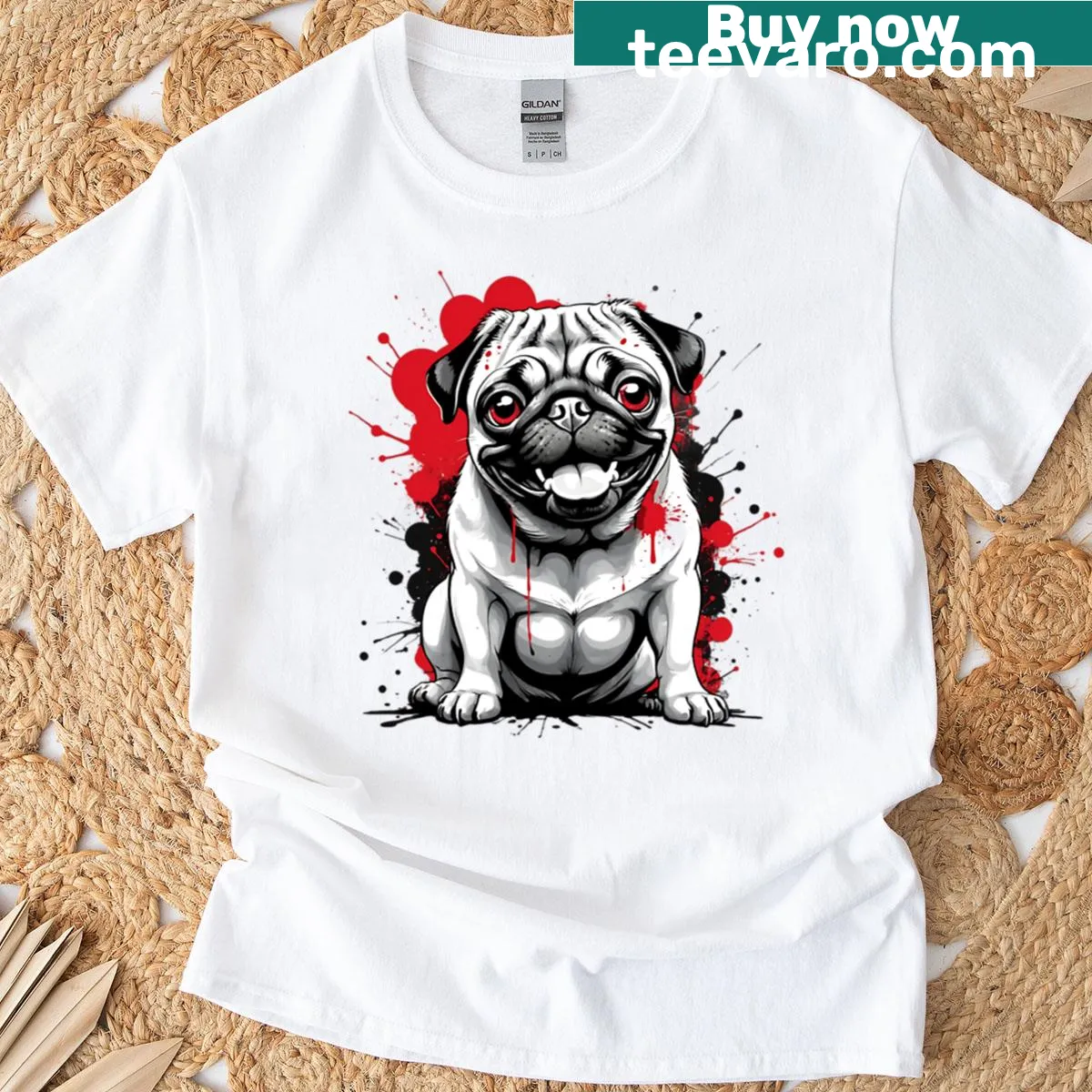Urban-style T-shirt featuring a happy pug in graffiti art — on a men's t-shirt