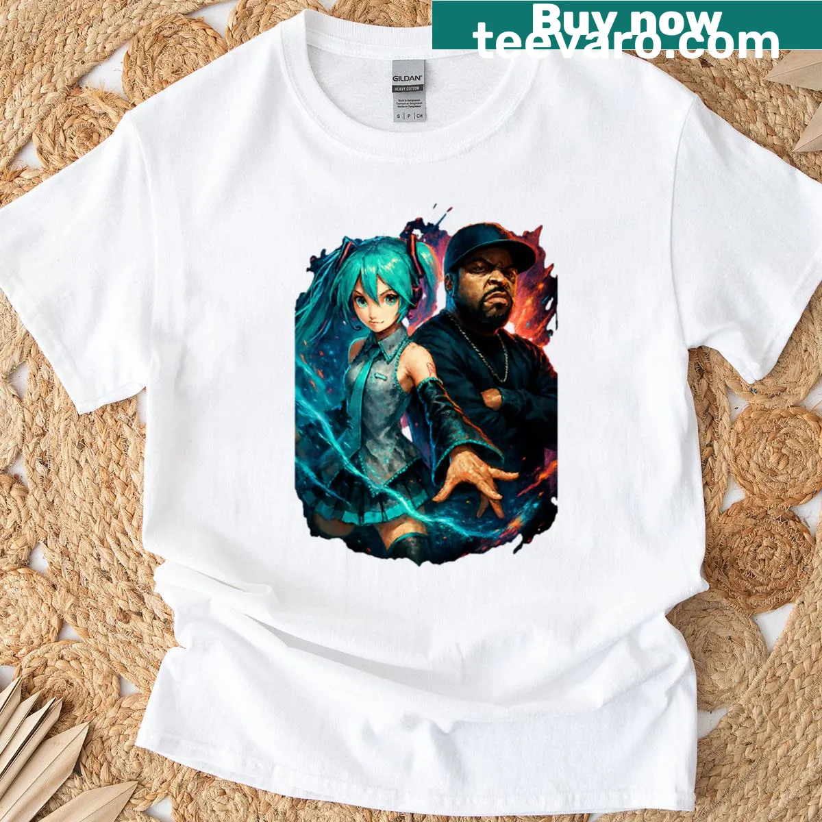 Illustrative T-shirt featuring Hatsune Miku alongside Ice Cube — on a men's t-shirt