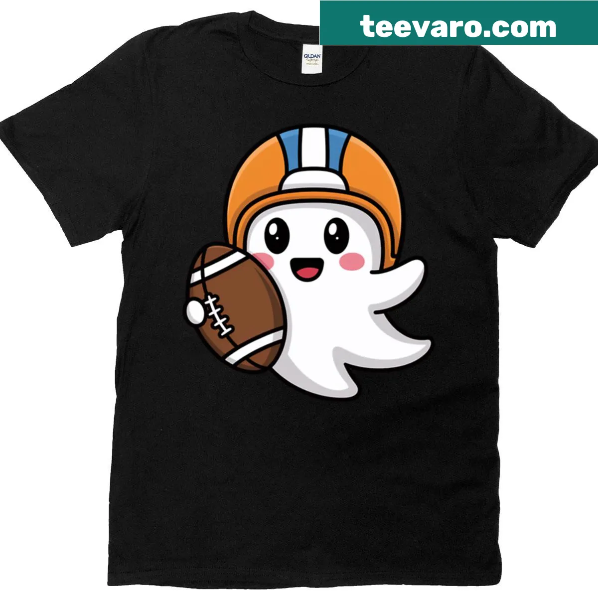 Ghost playing football in a fun haunted design on T-shirt — on a men's t-shirt