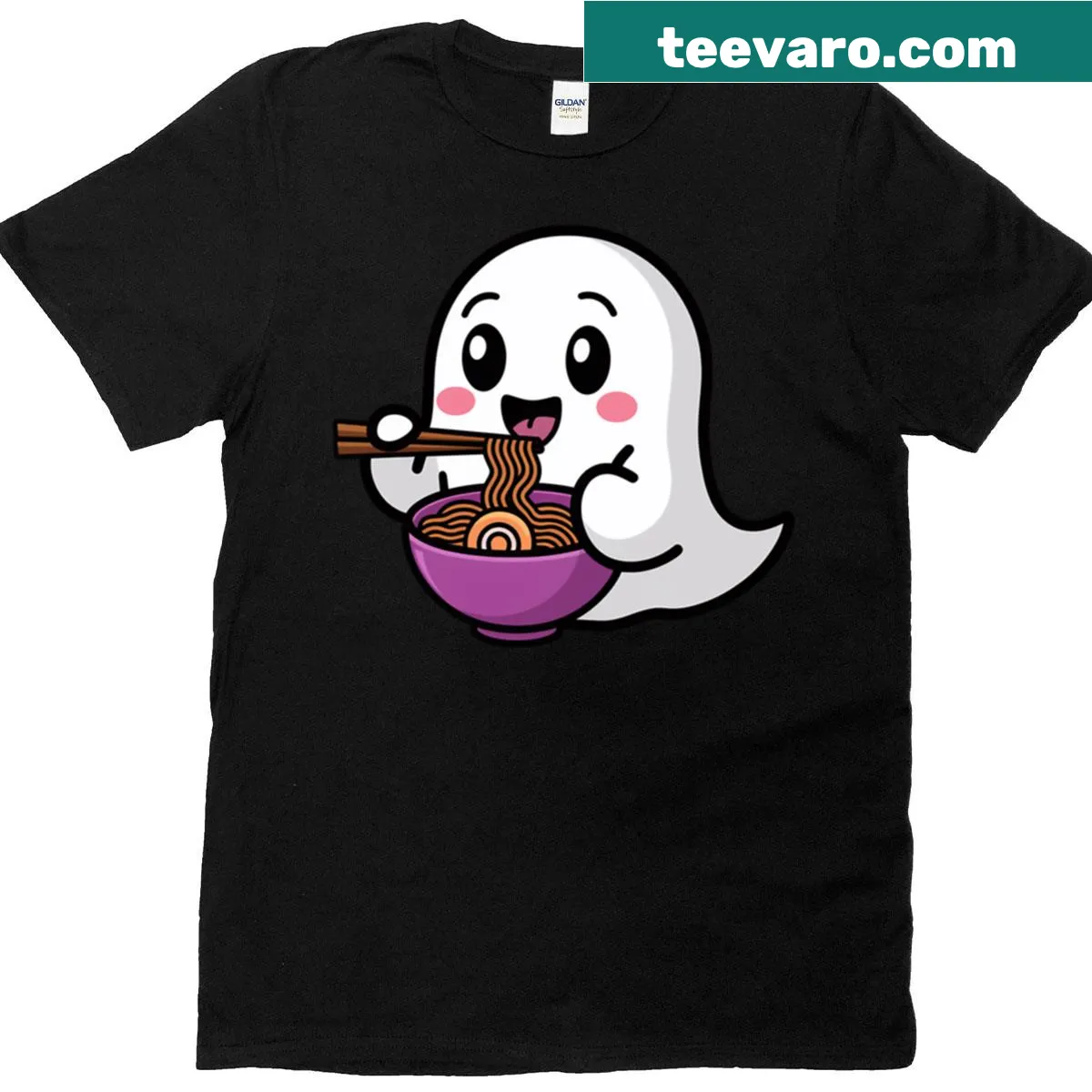 Ghost enjoying ramen noodles on a T-shirt — on a men's t-shirt