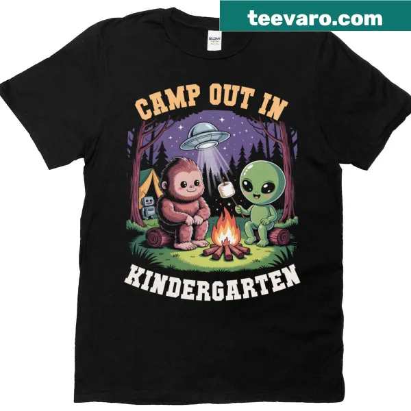 Kids camping tee featuring aliens and Bigfoot illustration.