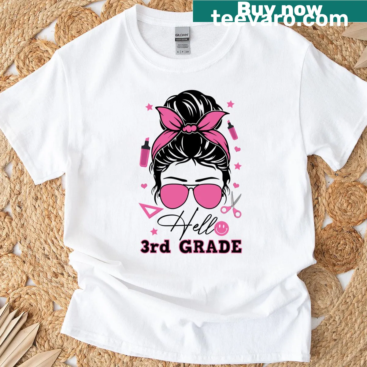 Teacher T-shirt with 'Hello Third Grade' and a cute bow illustration — on a men's t-shirt