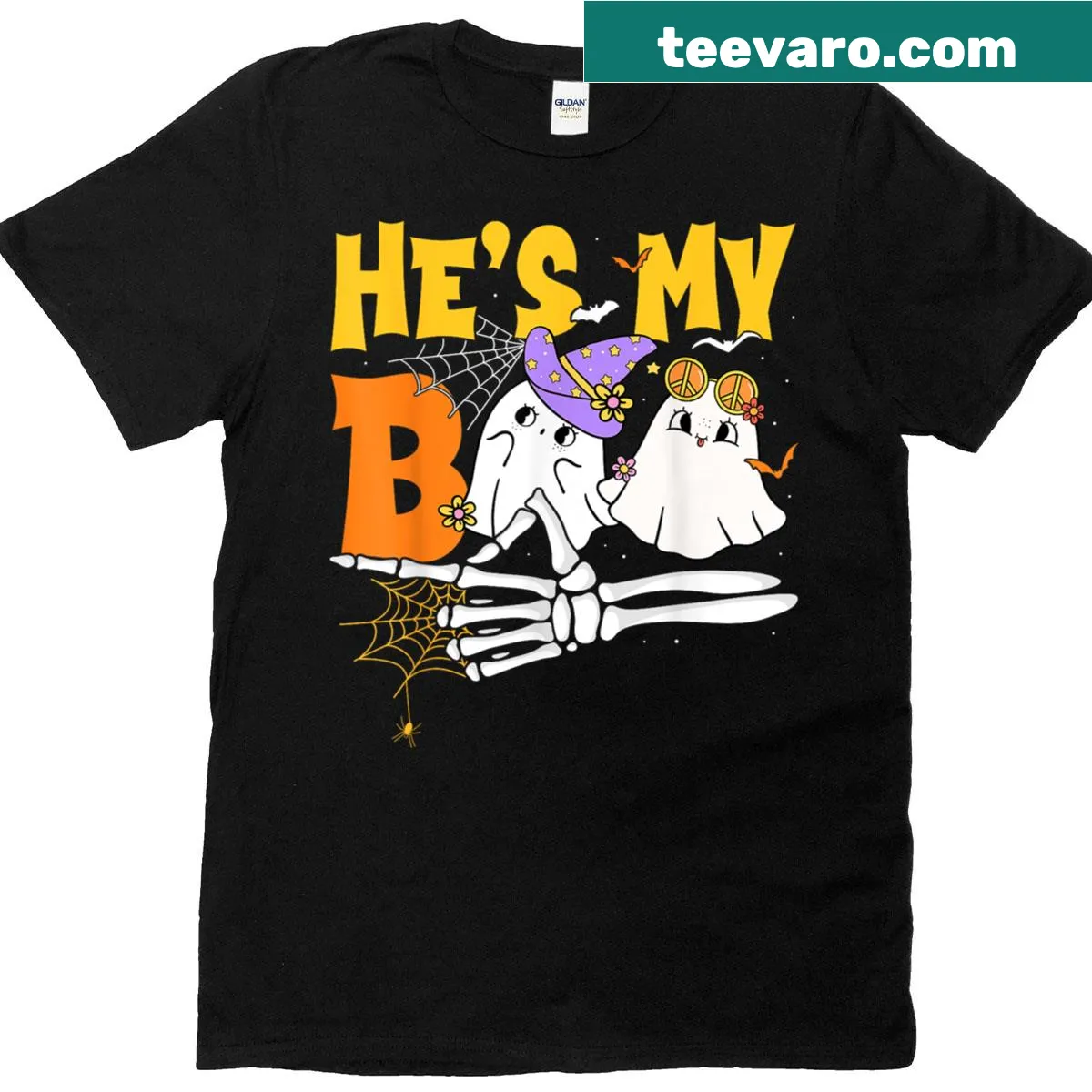 Matching Halloween couple T-shirts with ghost graphics and phrases — on a men's t-shirt