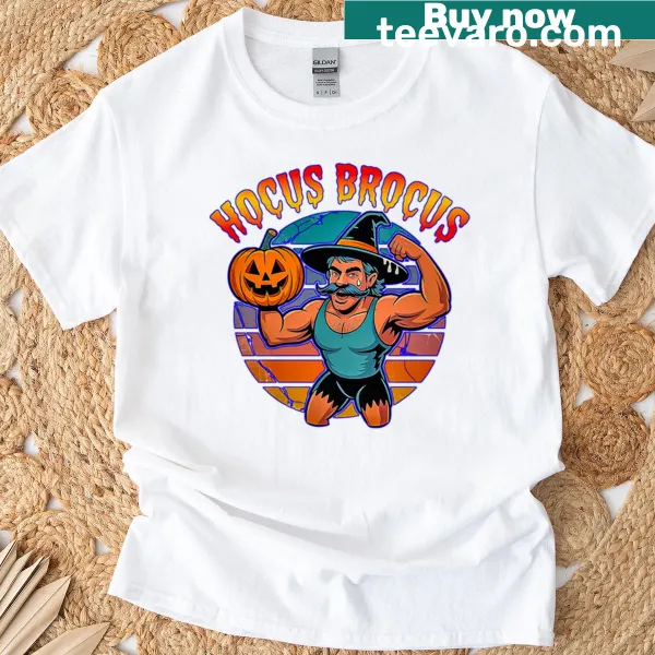 Retro design t-shirt featuring a funny muscular witch with the text 'Hocus Brocus'