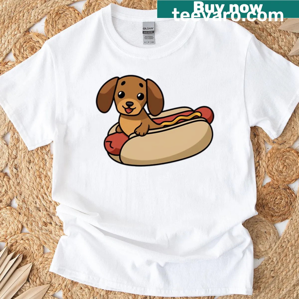 Kawaii dachshund in bun graphic on a T-shirt — on a men's t-shirt