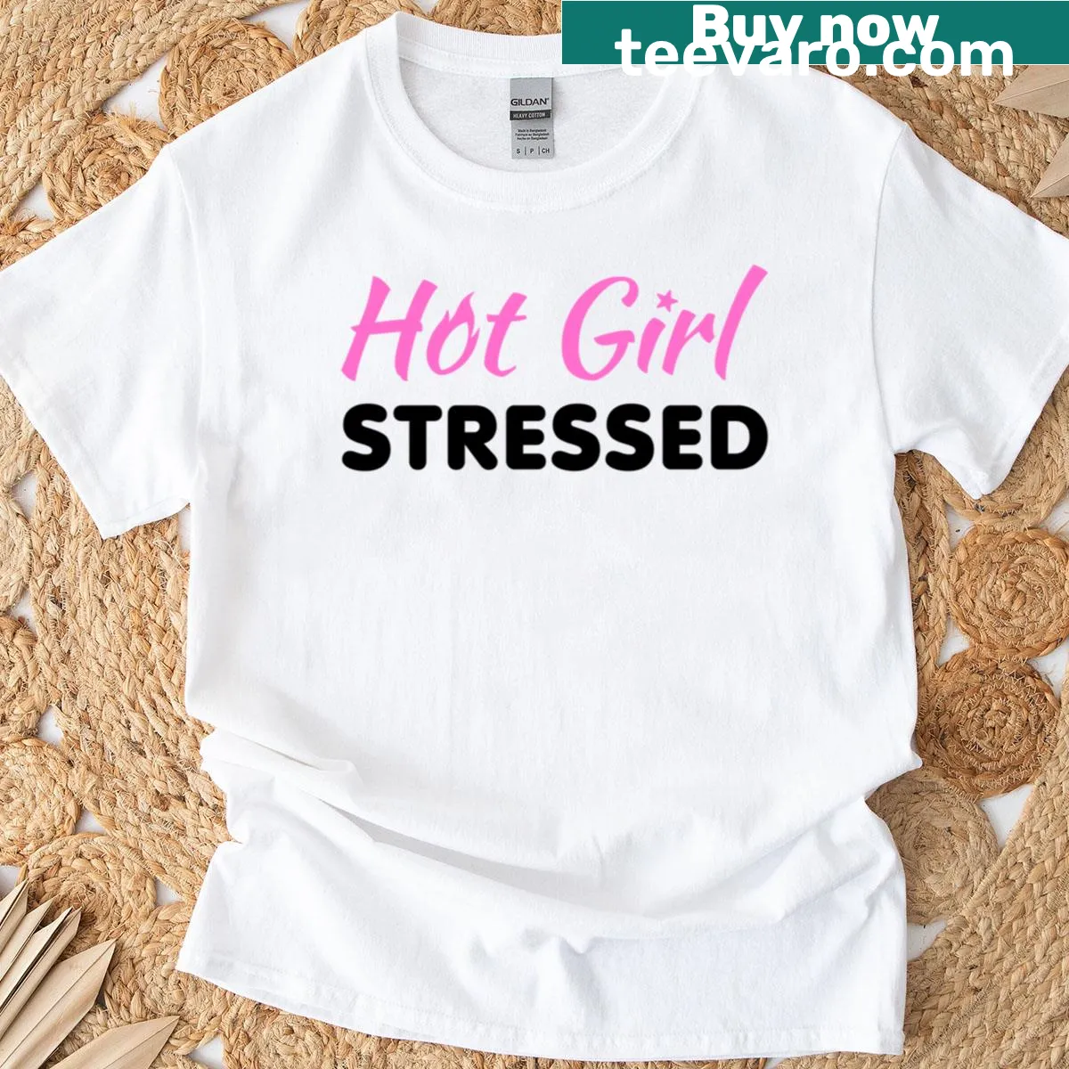 Pink t-shirt with a funny quote about stress for hot girls — on a men's t-shirt