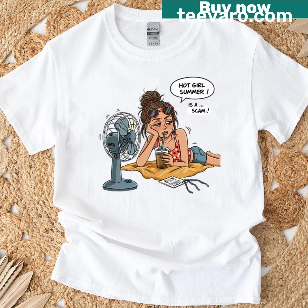 Funny t-shirt with a quote about summer being a scam — on a men's t-shirt