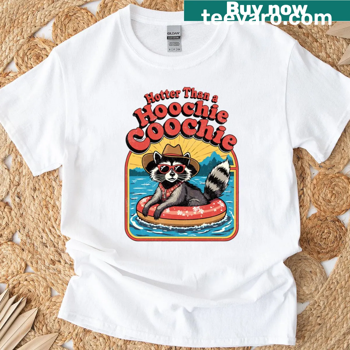 Funny oversized T-shirt with raccoon art and humorous text — on a men's t-shirt