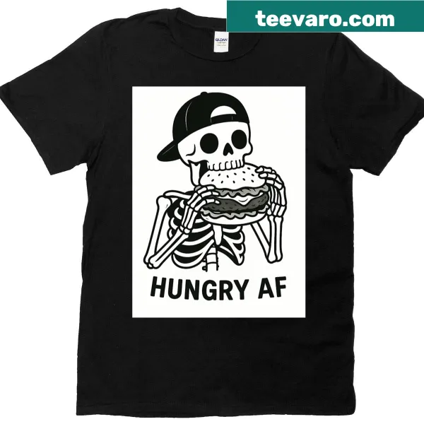 Oversized T-shirt with a hungry skeleton and giant hamburger graphic