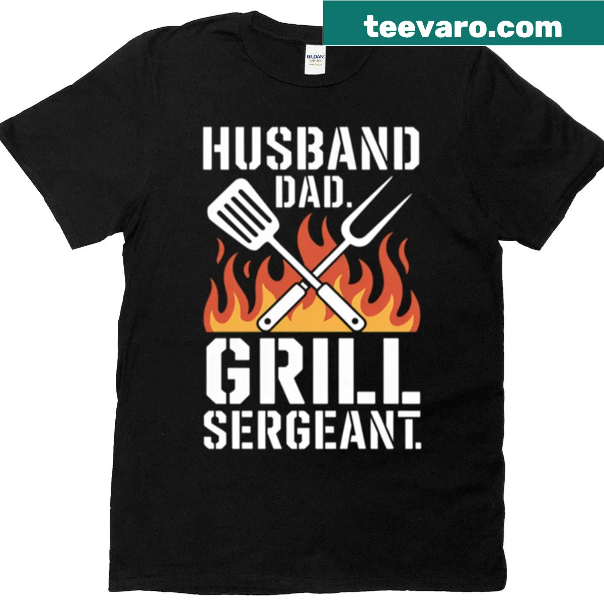 Illustration of a Grill Sergeant with spatula and flames on shirt — on a men's t-shirt