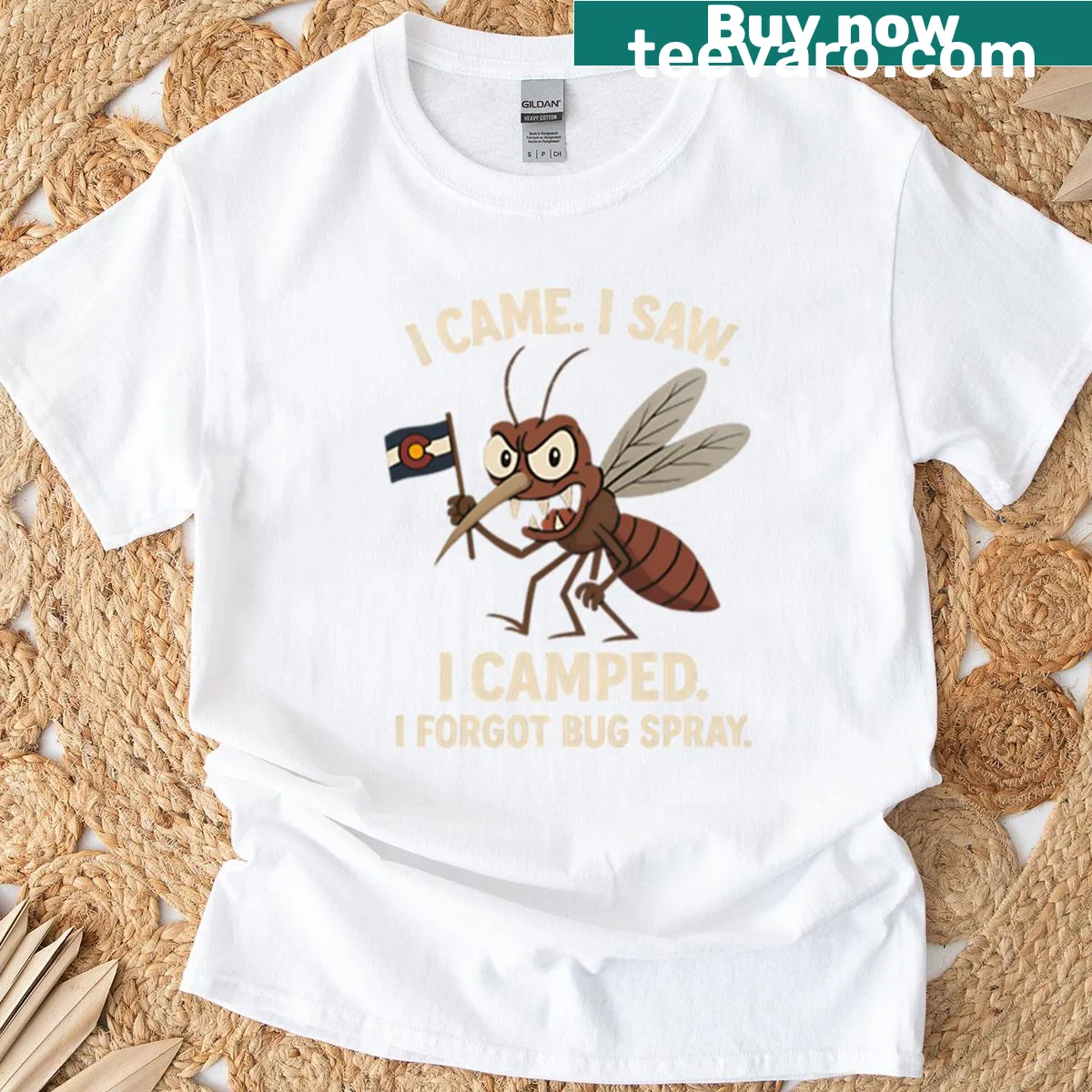 Funny camping T-shirt with text about forgetting bug spray — on a men's t-shirt