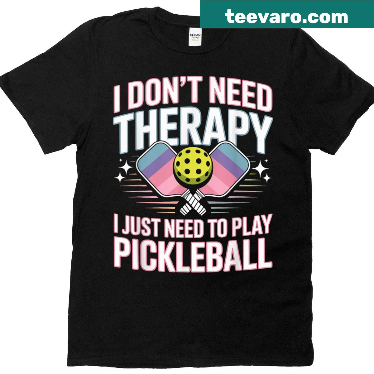 Funny t-shirt with the quote about needing pickleball instead of therapy — on a men's t-shirt