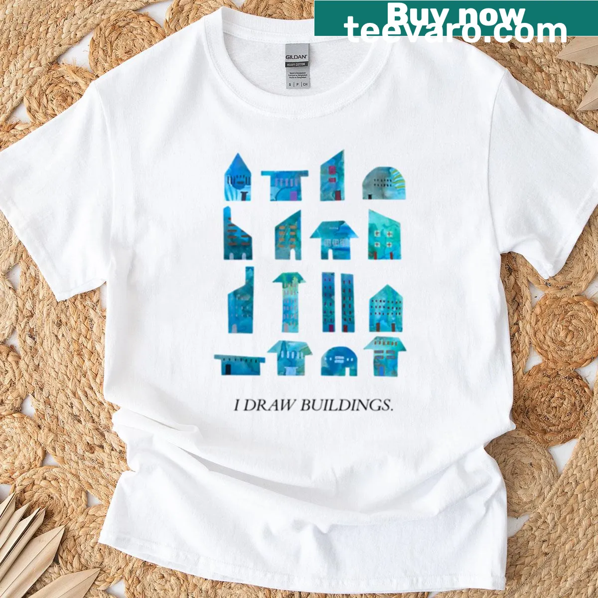 Artistic T-shirt featuring 'I Draw Buildings' with architectural illustrations — on a men's t-shirt