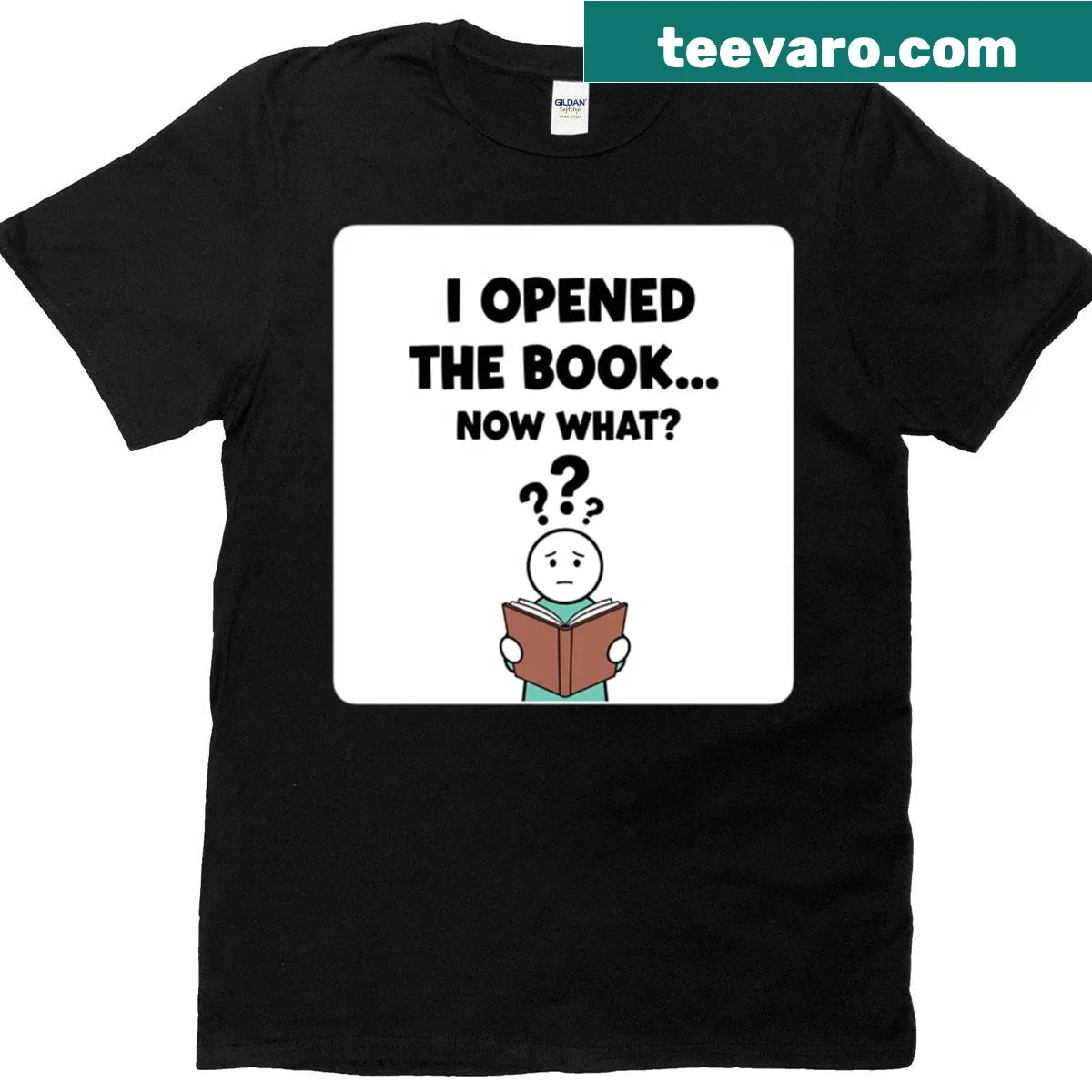 Funny t-shirt with book-themed text design — on a men's t-shirt