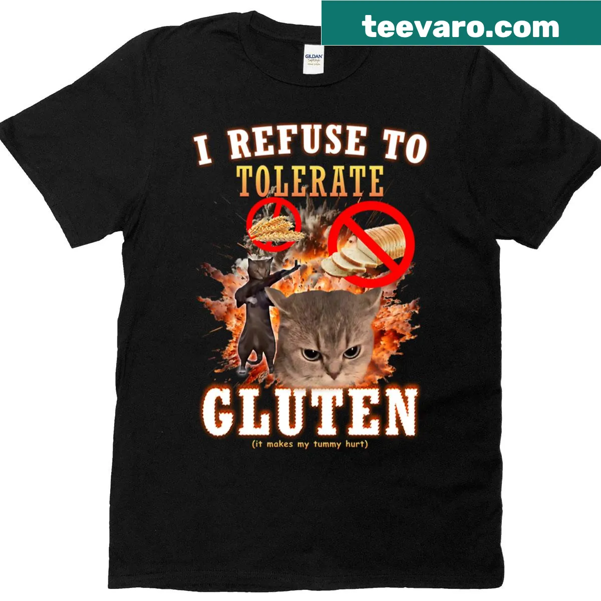 Funny cat meme t-shirt with text about gluten intolerance — on a men's t-shirt