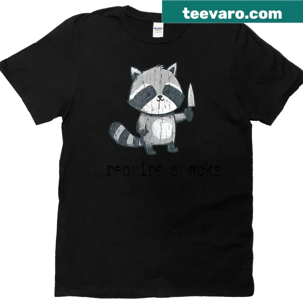 Funny raccoon t-shirt featuring a chubby raccoon and the phrase 'I Require Snacks'
