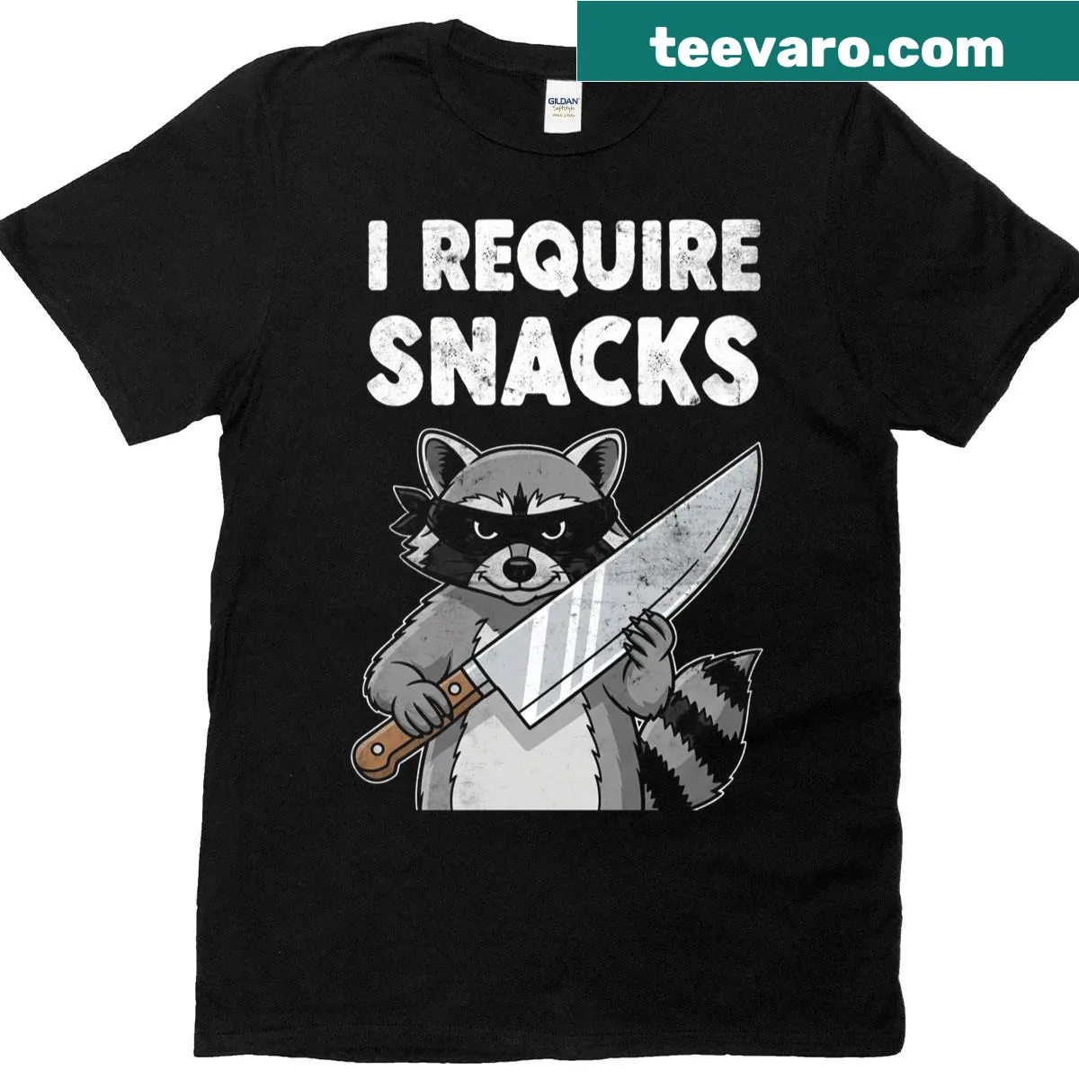 Cute shirt with raccoon saying 'I Require Snacks.' — on a men's t-shirt