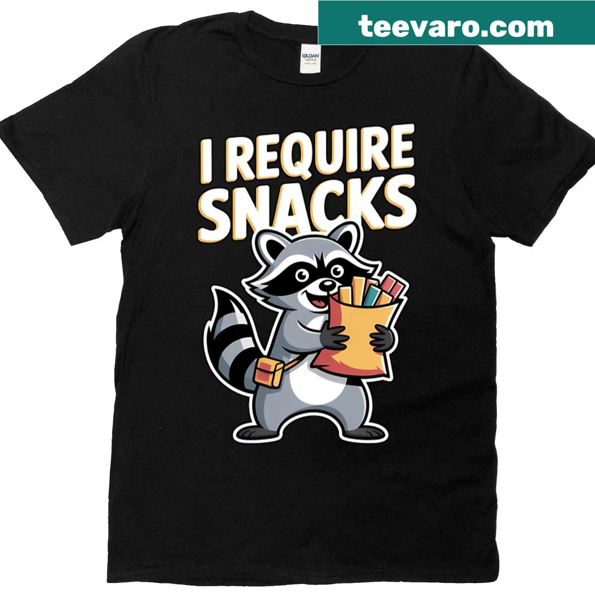 Cartoon-style shirt featuring a hungry raccoon with the text 'I Require Snacks' — on a men's t-shirt